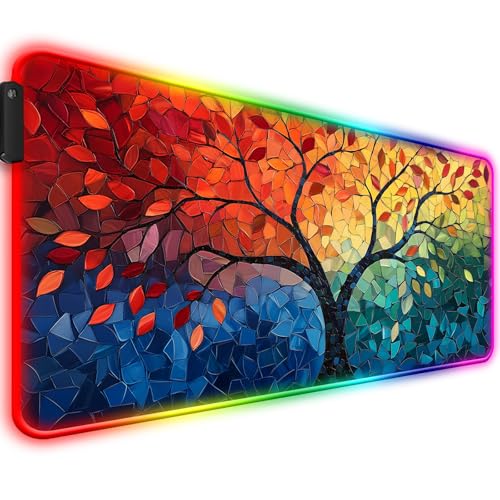 RGB Fantasy Tree of Life Gaming Desk Mat, Computer Keyboard Large Extended Long Abstract LED Mouse Pad for Office and Home, XL (W04) - color: Rgb-w04