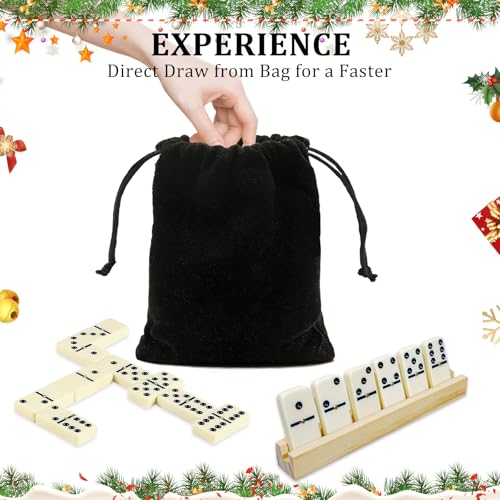 MeetYr Life Dominos Set for Adults 28 Dominos with 4 Wooden Trays 1 Storage Bag, Double 6 Dominoes Travel Case Game for Family & Parties (D6-White)