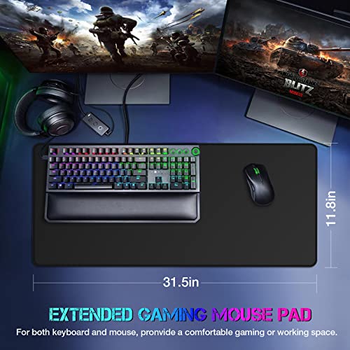 ETZ Extended Gaming Mouse Pad, 31.5 x 11.8 inch Large Black Desk Mat | Stitched Edges, Non-Slip Natural Rubber Base, Washable Surface, Keyboard Support, Home Office Accessory, Durable, 3mm Thick - color: Black