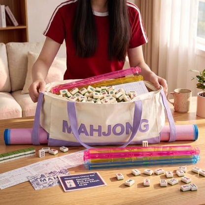Abbylike 28x9 Inches Mahjong Bag for Rolled Mat Tiles Racks Pushers Accessories Empty Mahjong Tote Bag with Zipper Closure Outer Pockets Lining Large Capacity(Beige&Purple,Canvas) - color: Beige&purple