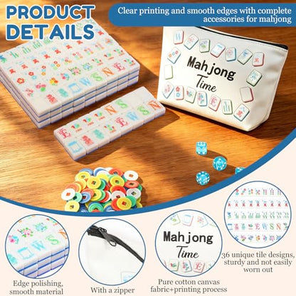 160 American Mahjong Tile Set with Bag 1.2'' Blue Mah Jongg Tiles | Travel Floral Engraved Melamine Mahjong Set for Beginner Friends Clubs Family Game Night Gifts (4 Dice, 100 Poker Chips)