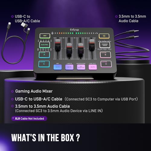 FIFINE Gaming Audio Mixer, Streaming RGB PC Mixer with XLR Microphone Interface, Individual Control, Volume Fader, Mute Button, 48V Phantom Power, for Podcast/Recording/Vocal/Game Voice-AmpliGame SC3 | USB PnP For PC,Mute Button,XLR Preamp,RGB,Voice chang