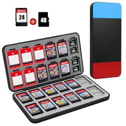 FYY Nintendo Switch Game Case Holder for Switch 2 Cartridge, Red Black Blue | 24 Game Card Slots & 48 Micro SD Card Slots, Hard Shell, Silicone Lining - color: D-Red Black Blue