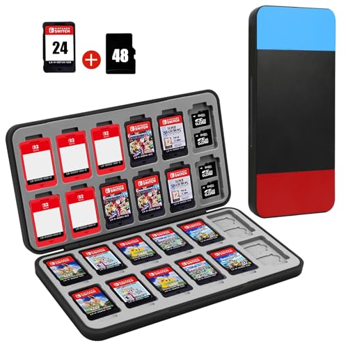 FYY Nintendo Switch Game Case Holder for Switch 2 Cartridge, Red Black Blue | 24 Game Card Slots & 48 Micro SD Card Slots, Hard Shell, Silicone Lining - color: D-Red Black Blue