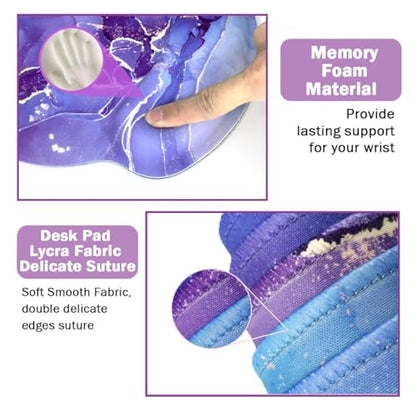 4-in-1 Gaming Mouse Pad Wrist Support Set，Desk Pad + Mouse Pad with Wrist Rest + Keyboard Wrist Rest + Coaster, Ergonomic Design for Home Office Study Game - Purple Marble - color: 4 Pcs Purple Marble