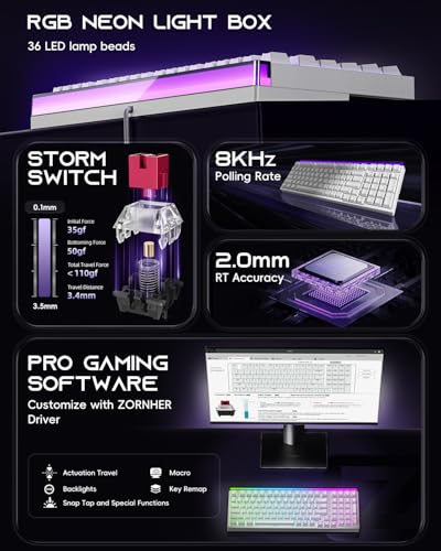 ZORNHER ZH99HE Mechanical Gaming Keyboard, Full Size White Gaming Keyboard with Creamy Switch,Soft RGB Backlit Light Box,Adjustable Actuation & Rapid Trigger, Hall Effect Technology - color: White Moonlight, size: Magnetic Switch