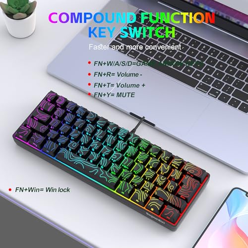 Snpurdiri 60% Wired Gaming Keyboard, 61 Keys RGB Backlit Ultra-Compact Contour Line Small Gaming Keyboard, for PC/Mac Gamer, Typist, Travel, Easy to Carry on Business Trip (Black) - color: Black(Contour-line)
