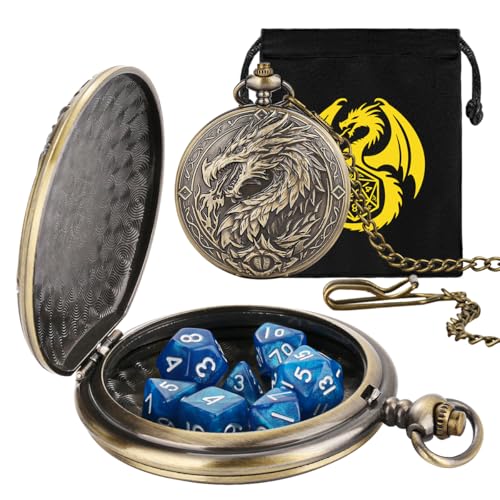Mini DND Dice Set with Steampunk Dragon Large Pocket Watch Shell Case, 7-Piece Polyhedral Acrylic D&D Dice, DND Gift Bag with Dragon Logo, Role Play Board Game Accessories, Bronze + Blue - color: Bronze + Blue
