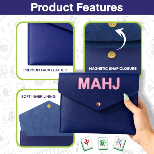 Leather Mahjong Card Clutch Pouch, 8 x 6 Inches Protective Case for American Mahjong Strategy Cards, Secure Magnetic Closure Accessories Holder, Elegant Game Night Gift (Dark Blue) - color: Dark Blue
