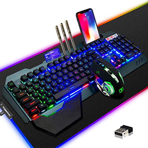 Wireless Gaming Keyboard Mouse & Mouse Pad Combo,3 in 1 Rainbow Backlit Rechargeable Keyboard with 3800mAh Battery Metal Panel Removable Hand Rest,RGB Gaming Mouse Pad(32.5x12 inch),Mute Gaming Mice - color: Rainbow