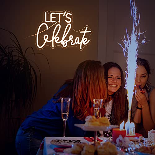 Let's Celebrate Neon Sign Dimmable Warm White Neon Light Let's Celebrate Neon Signs for Wall Decor Powered by USB Words LED Lights for Bedroom Party Thanksgiving(16.5"x11.8") | USB Powered Letters Led Signs,Party Holiday Led Light Sign,Graduation back to