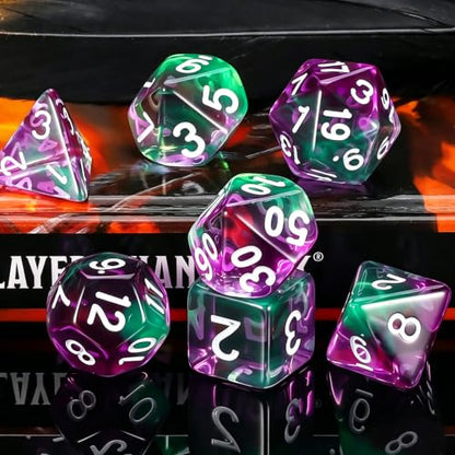 QMAY DND Dice Set -D&D Polyhedral Dice (7 Pcs) for Dungeons and Dragons (Purple Green Transparent) - color: Purple Green Transparent