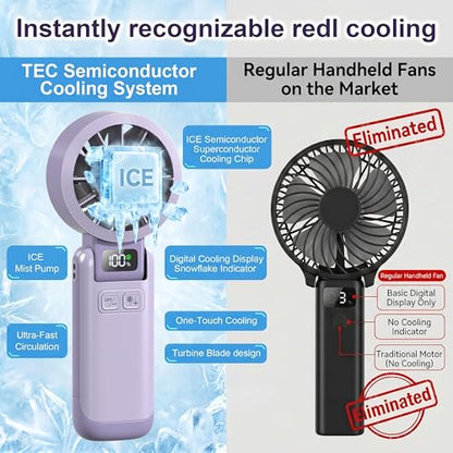 Portable Handheld Fan with Ice Cooling, 5.5m/s Rechargeable Fan, Independent Switch, 5-Speed, LED Display, 12H Battery, Foldable Neck Personal for Travel Essentials, Concerts, Sports - Purple - color: Purple