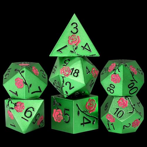 Rose Engraved Metal Dice Set 7PCS for DND RPG Tabletop Gaming | Solid zinc alloy build with 150g weight for balanced rolls(Green with Red Rose) - color: Green With Red Rose