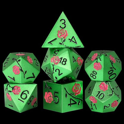 Rose Engraved Metal Dice Set 7PCS for DND RPG Tabletop Gaming | Solid zinc alloy build with 150g weight for balanced rolls(Green with Red Rose) - color: Green With Red Rose