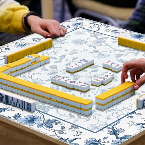 Blue and White Chinoiserie Floral Mahjong Mat 31.5"x31.5", Grandmillennial Chinese Non-Slip Noise Reduction Gaming Mat for American Mahjong Poker Card Board Games Dominoes - color: Blue Flowers