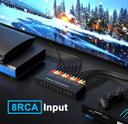 8 AV to HDMI Converter, 1080P/720P 8 Way RCA Composite CVBS AV Switch to HDMI Converter Adapter Support 4:3/16:9 Switch for Sega Xbox PS1 PS2 PS3 N64 NGC SNES WII VHS VCR Camera DVD - style: 8 RCA Converter