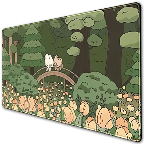 Anime Forest Desk Mat,Cute Green Mouse Pad,Kawaii Aesthetic Full Desktop Pad XXL Gaming Mousemat XL, Extended Korean Animals Bear Bunny Keyboard Mat Large 31.5x15.7 Inch Non-Slip&Stitched Edges - color: A Orange Flowers