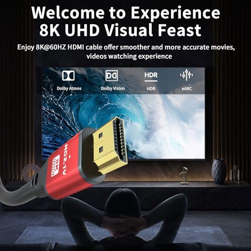 10FT HDMI 2.1 Cable 8K60Hz 4K120Hz, 48Gbps Ultra High Speed HDMI Cable with Gold Plated Connectors, Red Aluminum Housing, for PS5, Xbox Series X, 4K TV, Projector, Wall Mount TV, Living Room Setup. - size: 10FT