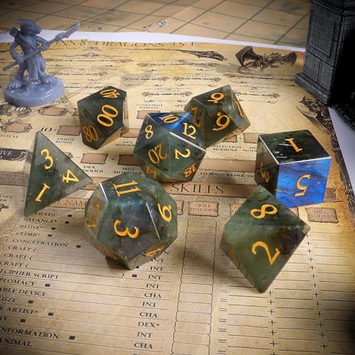 LUCKY-M Labradorite Gemstone DND Dice Set, 7 PCS Dungeons and Dragons Dice with Case for RPG, Unique Stone Dice Set D&D D4 D6 D8 D10 D00 D12 D20(LD-Gold) - color: Ld-gold