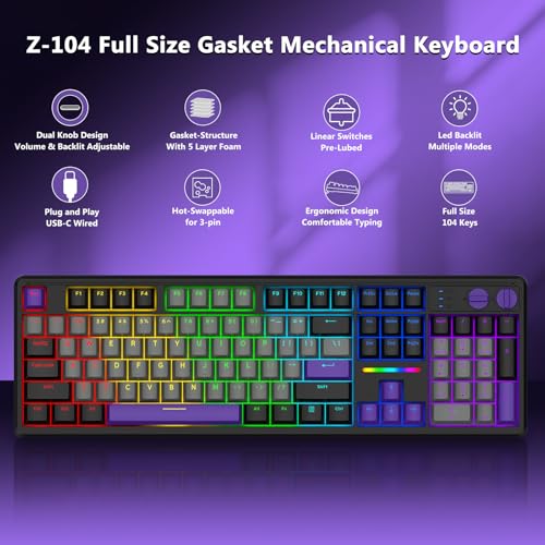 E-YOOSO Wired Creamy Mechanical Keyboard, Led Backlit for PC/Mac, Black | Gasket Structure with Sound Dampening Foam, Hot Swappable, Pre-lubed Linear Switches, Full Size Custom Gaming Keyboard - color: Grey Black Purple