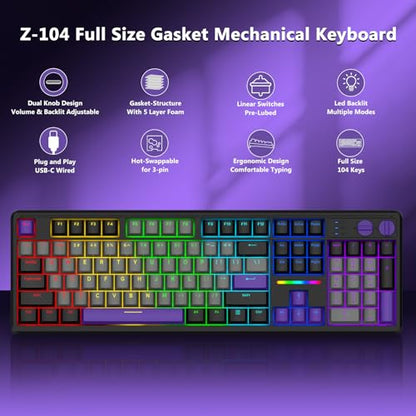E-YOOSO Wired Creamy Mechanical Keyboard, Led Backlit for PC/Mac, Black | Gasket Structure with Sound Dampening Foam, Hot Swappable, Pre-lubed Linear Switches, Full Size Custom Gaming Keyboard - color: Grey Black Purple