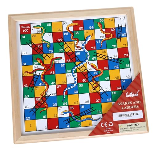 Gothink Wooden Snakes and Ladders Game - 13 Inch Educational Board Game for Children Ages 3 and Up & Adults - Classic Board Game Includes 6 Counters & 2 Dice, Rules
