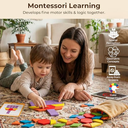 LovesTown 209 PCS Shapes Wooden Pattern Blocks for Kids, Geometric with Activity Cards and Storage Bag, Educational Tangram Puzzles,Great Learning Gift from Parents or Teachers (Pack of 2) - size: 230 (Pack of 2)