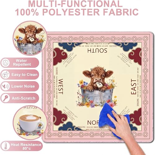 Pink Mahjong Mat with Carrying Bag and Accessories for Game Night | 32.68x32.68 inch, highland cow pattern, waterproof surface, non slip rubber base, noise dampening fabric, rules, dice - color: Pink