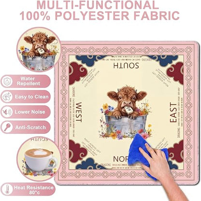 Pink Mahjong Mat with Carrying Bag and Accessories for Game Night | 32.68x32.68 inch, highland cow pattern, waterproof surface, non slip rubber base, noise dampening fabric, rules, dice - color: Pink