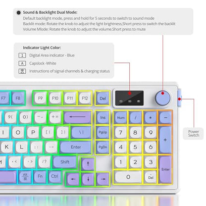 Fogruaden 96% Quiet Silent Wireless Gaming Keyboard with Number Pad & Knob, Mechanical Feel, Spill-Resistant, Multimedia Keys, Wired/BT/2.4G, USB Rechargeable Membrane Computer Keyboard for Win/Mac - color: WhitePurple