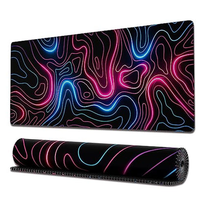 Ovenbird Gaming Mouse Pad with Stitched Edges, Topographic Map Pink Extended XL Mousepad with Anti-Slip Base, Cool Neon Large Mouse Pad for Desk, 31.5 x 11.8 in, Pink and Blue - color: Neon Topo, size: Extended