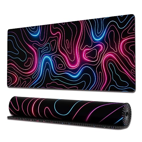 Ovenbird Gaming Mouse Pad with Stitched Edges, Topographic Map Pink Extended XL Mousepad with Anti-Slip Base, Cool Neon Large Mouse Pad for Desk, 31.5 x 11.8 in, Pink and Blue - color: Neon Topo, size: Extended