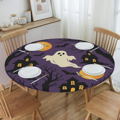 Famame Ghost Castle Purple Halloween Round Fitted Tablecloth with Elastic Protector Table Kitchen Dinner Waterproof Oil-Proof Table Covers Fits 40"-44", Small - color: Ghost Castle Purple Halloween, size: Small (40"-44")