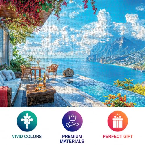 Cross & Glory | 1000 Piece Jigsaw Puzzles for Adults | Patio by the Sea | Serene Coastal Patio and Ocean View Puzzle | 2mm Thick Pieces | Bonus Reference Poster | Satin Finish | Ages 14+ - color: Patio By the Sea