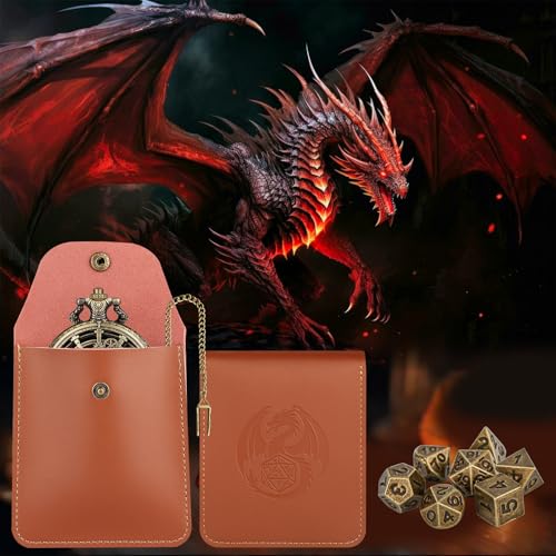 Bronze Hollow Gear Pocket Watch Shell Case with 7pcs Polyhedral Metal Dice, Steampunk Mini DND Dice Set, Table Top Game RPG Accessories, DND Starter Set, D&D Gifts with Leather Bag, Gift for Gamer - color: Bronze