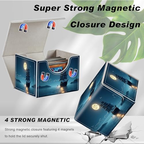 DEGDFSGR for TCG MTG Card Game Storage Box Organizer Trading Card Case Commander Deck Box Magnetic Closure Creative Pattern Up to 200 Cards, Moon Ship Blue Sea - color: Moon Ship Blue Sea