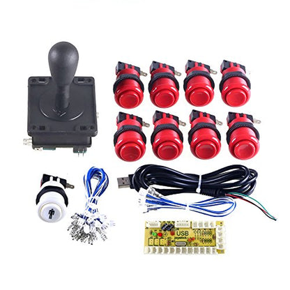 LICHO Happ Arcade Button and Joystick Kit DIY Game Replacement Parts for Mame Cabinet with 2x Zero Delay USB Encoder / 2x 8 Way Arcade Joystick / 18x Happ Push Button - Black + Red Color Kit