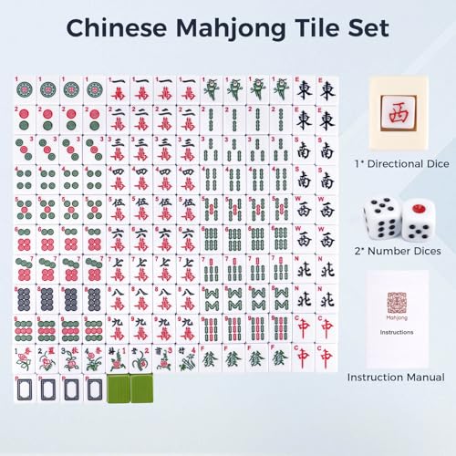 Pycoal Traditional Chinese Mahjong Tile Set, 1.4'' Melamine Mahjong Tiles Premium 146PCS Mahjong Set with Portable Carrying Case, Instruction Manual, Dice Set, Mah jongg Game Set for Family, Gathering - color: Green