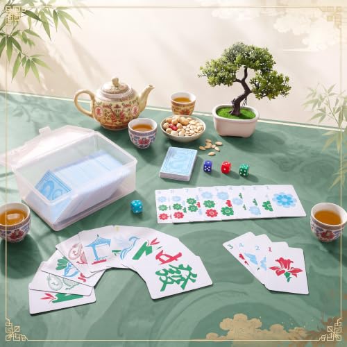 Capoda 180 Tiles Mahjong Playing Cards with Storage Box Acrylic Dice Blue Pink Floral Numbered Large Print Poker Mahjong Tiles for Adults Portable Travel Gathering Game Enthusiasts Supplies Gift