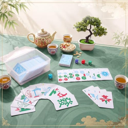 Capoda 180 Tiles Mahjong Playing Cards with Storage Box Acrylic Dice Blue Pink Floral Numbered Large Print Poker Mahjong Tiles for Adults Portable Travel Gathering Game Enthusiasts Supplies Gift
