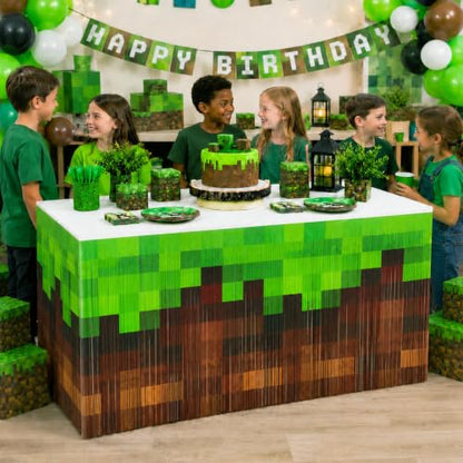 Pixel Video Game Party Table Skirts, 4 Pack Green Brown Foil Fringe Table Skirt Decorations for Boys Birthday, Block Theme Gaming Party Table Decor Photo Booth Props - size: 4pcs 29.5 x 108 Inch