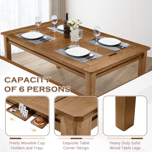 63"x39" Board Game Table with Removable Top Solid Wood Dining/Gaming Table | Gaming Table for 4-6 Players with Play Mat, 6 Detachable Cup Holders & 6 Hobby Trays (Light Walnut) - color: Light Walnut