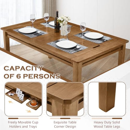 63"x39" Board Game Table with Removable Top Solid Wood Dining/Gaming Table | Gaming Table for 4-6 Players with Play Mat, 6 Detachable Cup Holders & 6 Hobby Trays (Light Walnut) - color: Light Walnut