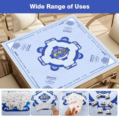 Mahjong Mat, 33"x33" American Mahjong Table Mat Set with Rules (Light Blue) | Noise Reduction Non-Slip Mah jongg Mat for Table (Carrying Bag & 3 Dice) for Mahjong Tile Games, Cards, Poker, Dominoes/Board - color: Light Blue
