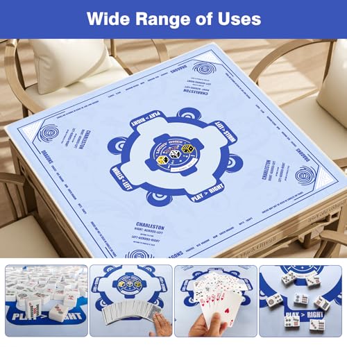 Mahjong Mat, 33"x33" American Mahjong Table Mat Set with Rules (Light Blue) | Noise Reduction Non-Slip Mah jongg Mat for Table (Carrying Bag & 3 Dice) for Mahjong Tile Games, Cards, Poker, Dominoes/Board - color: Light Blue