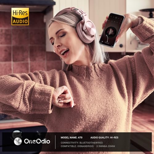 OneOdio A70 Bluetooth Over Ear Headphones, Wireless Headphones w/ 72H Playtime, Hi-Res, 3.5mm/6.35mm Wired Audio Jack for Studio Monitor & Mixing DJ Guitar AMP, Computer Laptop PC Tablet - Rose Gold - color: Rose Gold