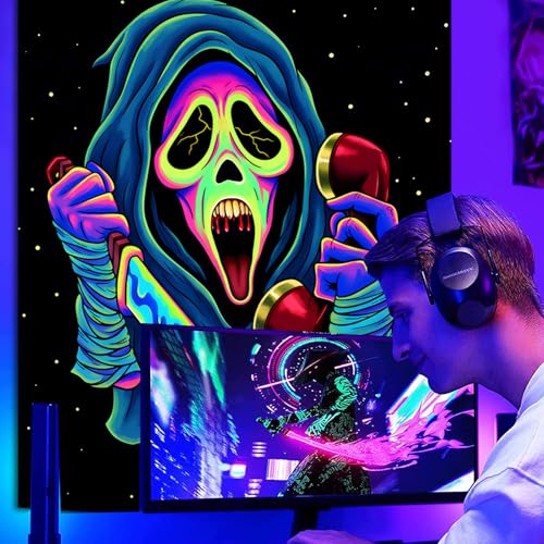 SparkLia Blacklight Horror Face Tapestry – UV Reactive Neon Scary Wall Hanging with Knife & Phone, Glow in the Dark Spooky Art Decor for Bedroom, Gaming Room & Party - 30" x 40" - color: D, size: 40"L x 30"W