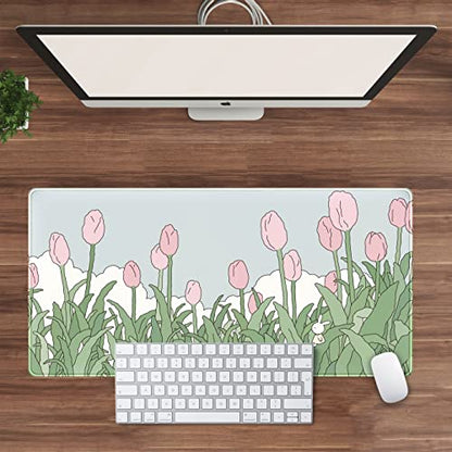 WatercolorTulip Flower Mouse Pads,Extended Gaming Mousepad XXL Kawaii Anime Desk Mat Pink Green Large Full Desk Mouse Pad for Wireless Mouse Keyboard Mat with Stitched Edges 31.5" x15.75 - color: A Pink Tulip