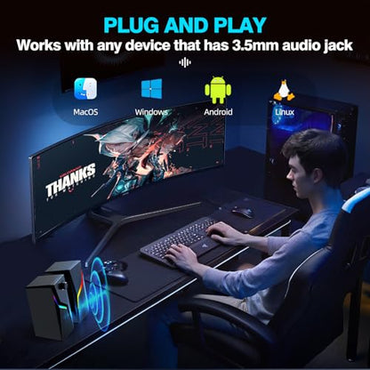 Computer Speakers for Desktop PC, USB Powered with AUX Connection, 6 RGB Lighting Modes, Volume Knob Control, Plug and Play Stereo Speakers for Monitor, Laptop, Gaming, Movies - style: CO-702